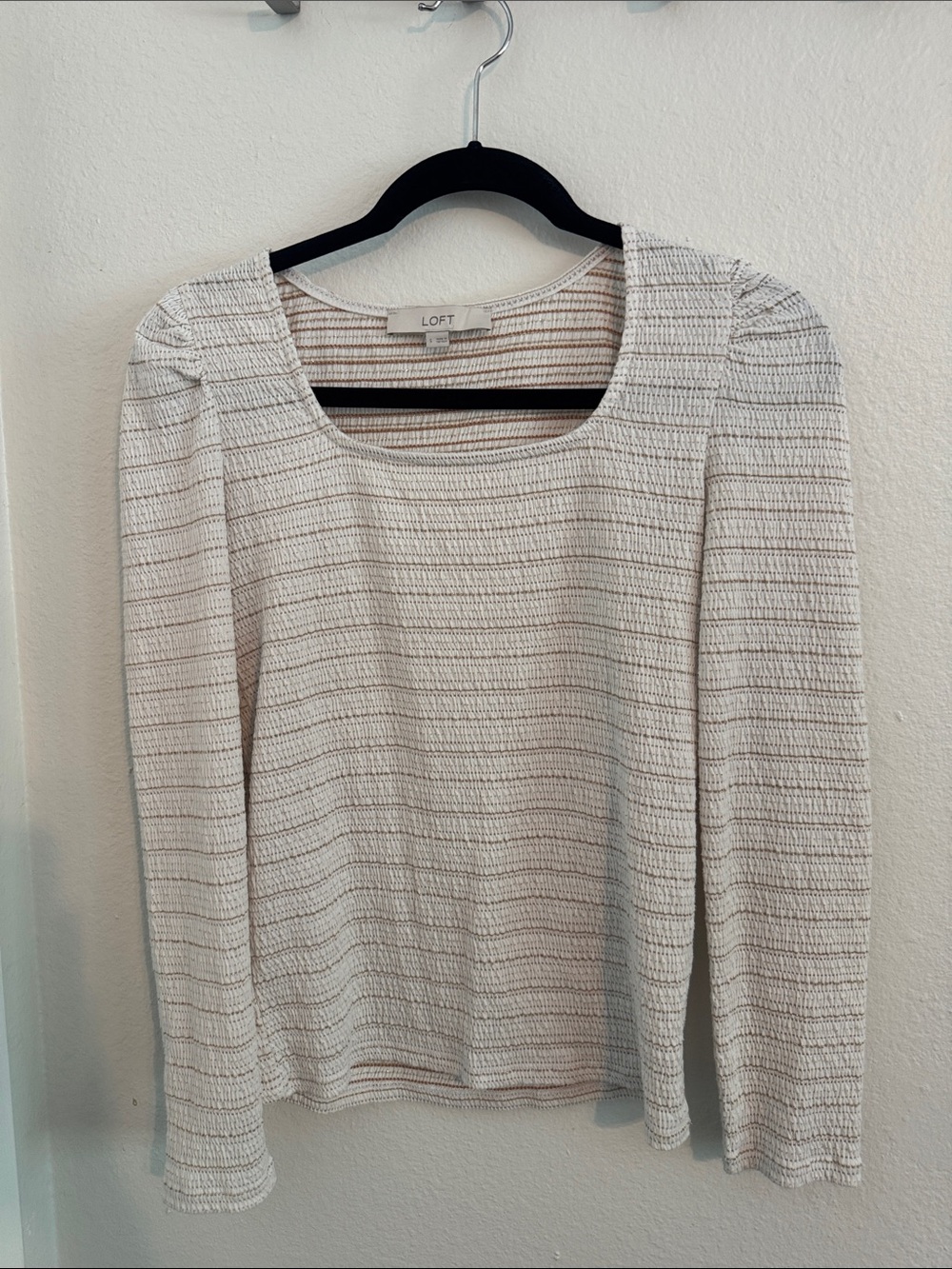 LOFT Cream Scoop Neck Long Sleeve Top with Thin Black Stripes